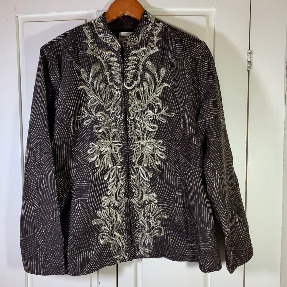 Chicos 2 Womens Brown Bronze‎ Metallic Embroidered Evening Jacket Size Large L